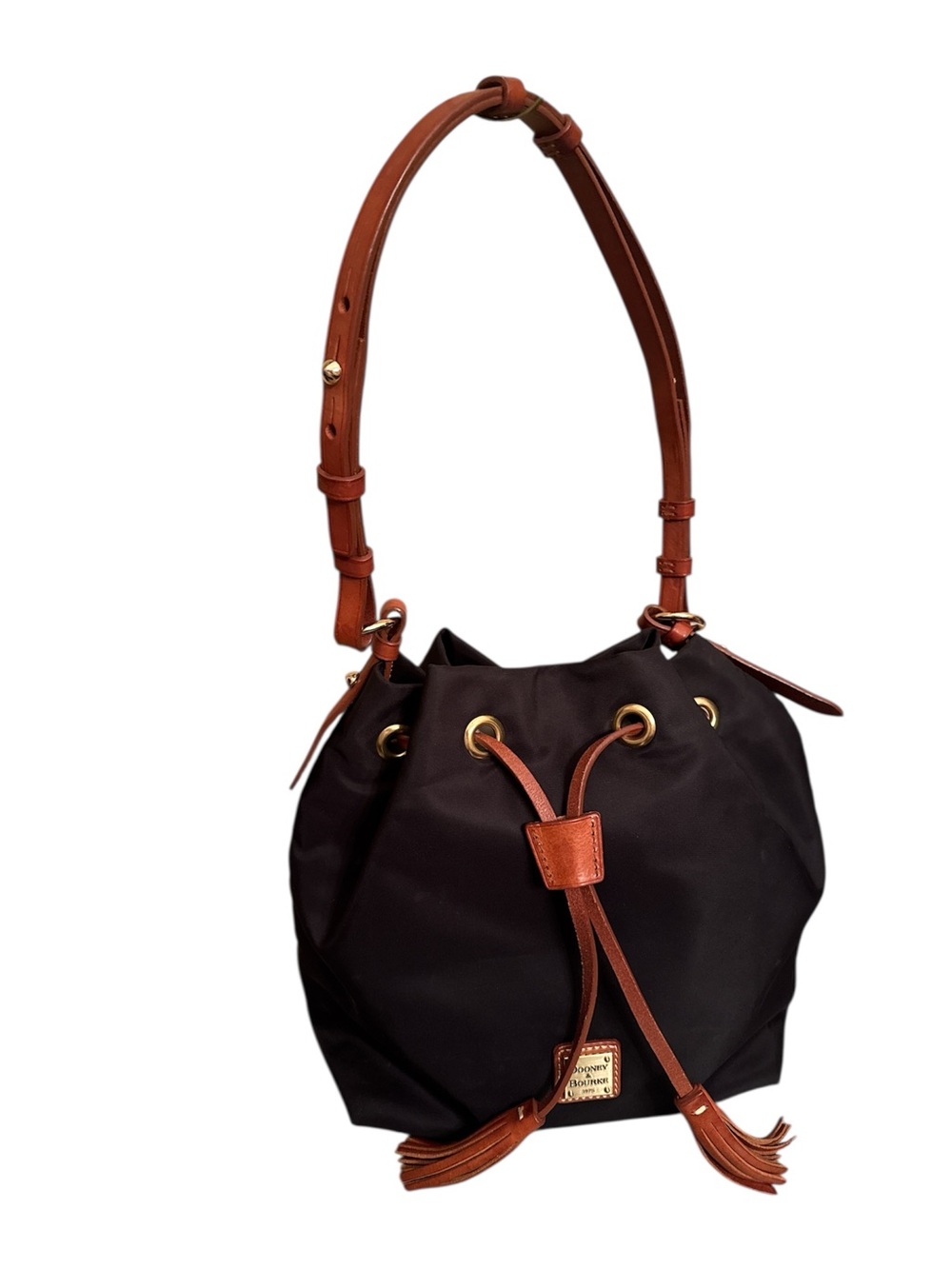 Dooney & Bourke Black Nylon Drawstring Bucket Bag w/ Cognac Leather Trim | EUC - Picture 3 of 12